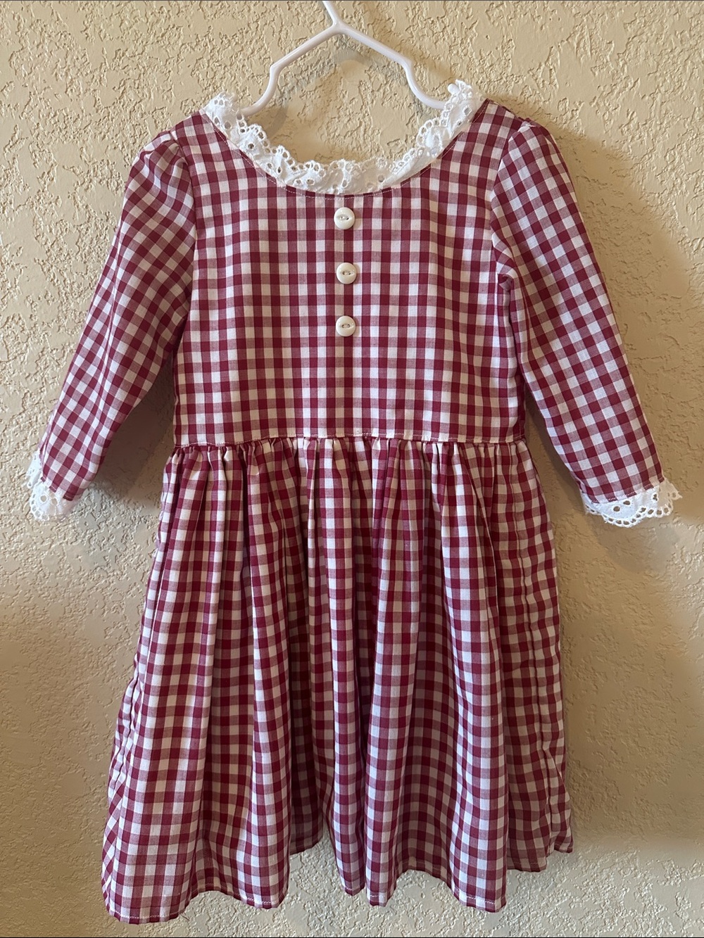 Girls Burgundy Gingham Lace-Trim Dress
